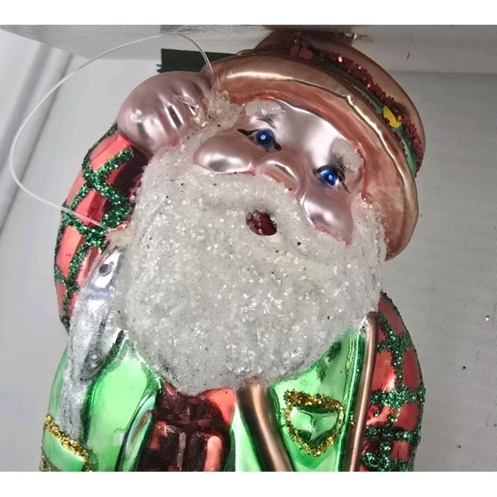 VTG 1990's Holiday Time‎ Ornament Fisherman Fishing Santa Glass Hand Painted